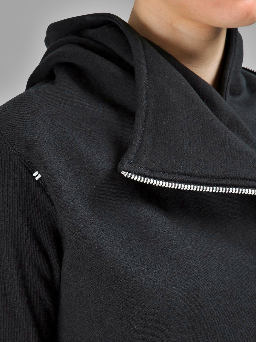 Asymmetric Front Cut Zip Closure/Overlong Rib Sleeve Hoodie -BB121 - Ofelya Boutique