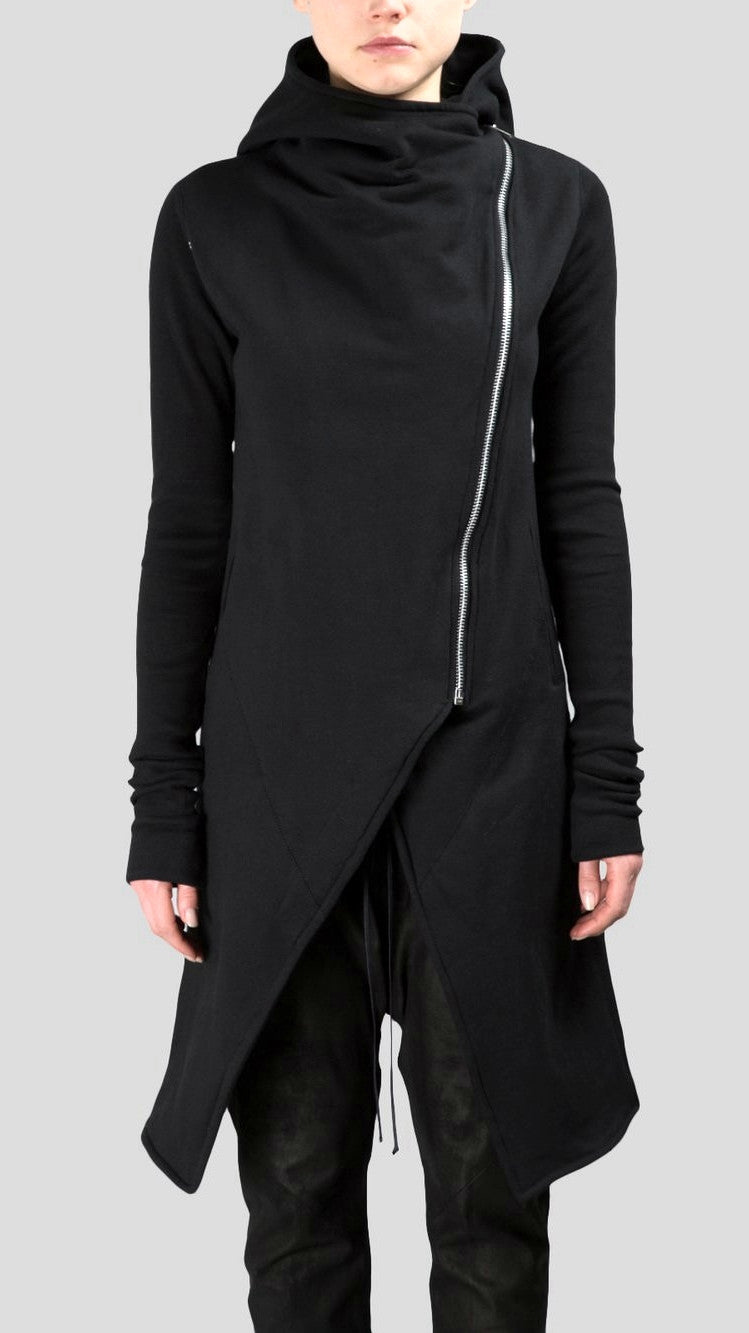 Asymmetric Front Cut Zip Closure/Overlong Rib Sleeve Hoodie -BB121 - Ofelya Boutique