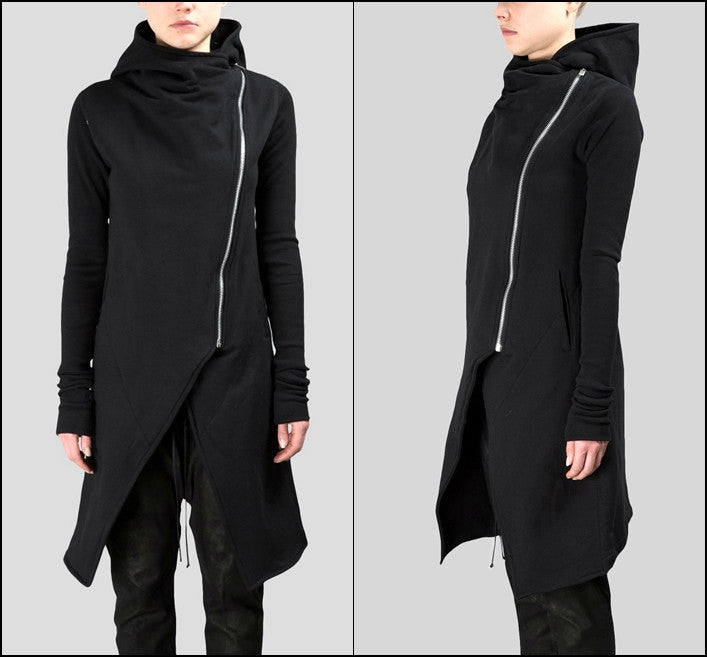 Asymmetric Front Cut Zip Closure/Overlong Rib Sleeve Hoodie -BB121 - Ofelya Boutique