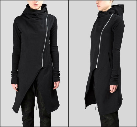 Asymmetric Front Cut Zip Closure/Overlong Rib Sleeve Hoodie -BB121 - Ofelya Boutique