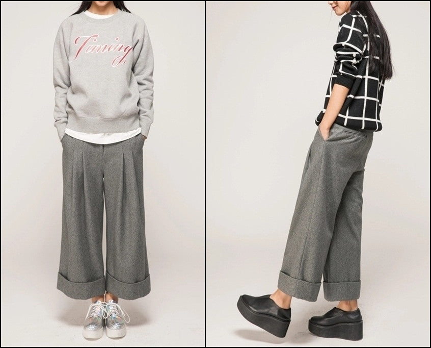 Women's Wide Leg Pants Wool Culottes Woolen Trouser - Ofelya Boutique