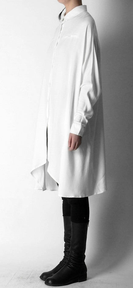 Crepe Tunic Dress Long Sleeve Loose Waist /Irregular Split Shirt - Ofelya Boutique