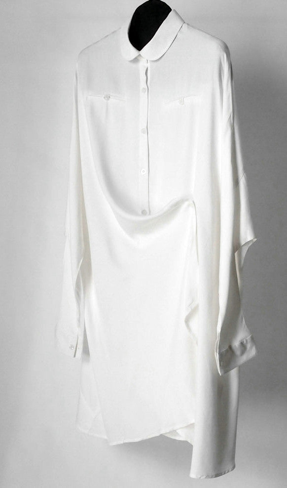 Crepe Tunic Dress Long Sleeve Loose Waist /Irregular Split Shirt - Ofelya Boutique