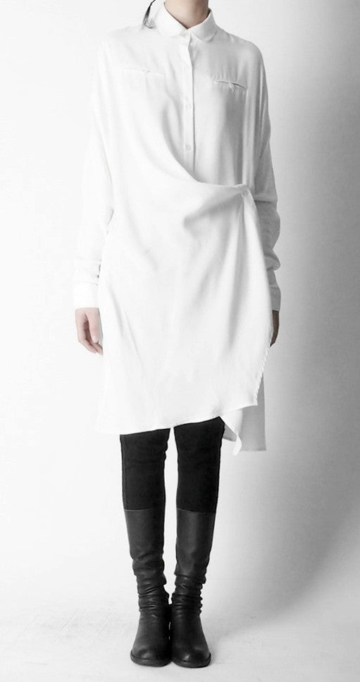 Crepe Tunic Dress Long Sleeve Loose Waist /Irregular Split Shirt - Ofelya Boutique