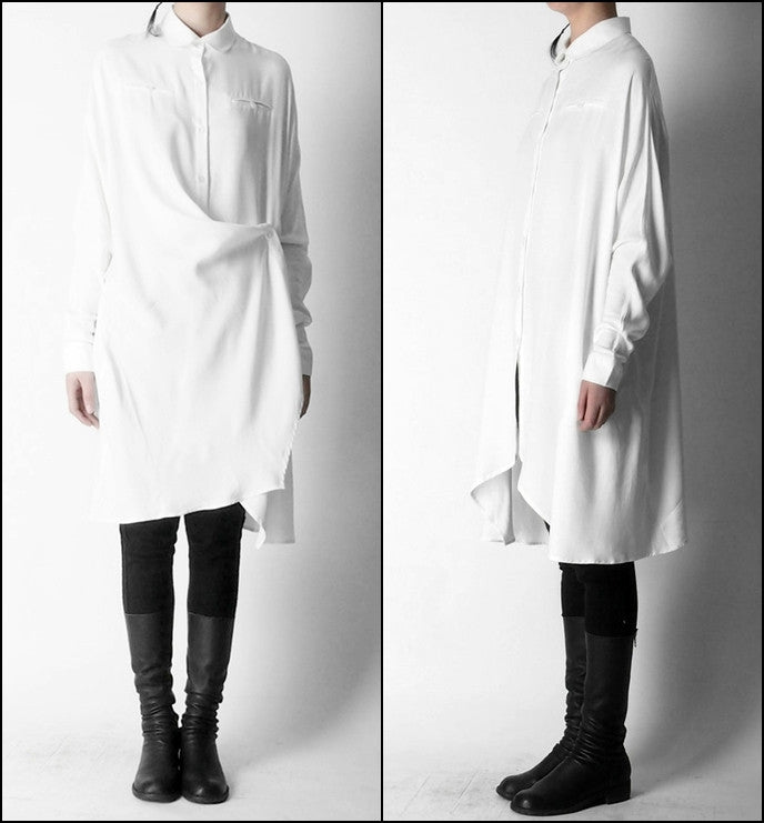 Crepe Tunic Dress Long Sleeve Loose Waist /Irregular Split Shirt - Ofelya Boutique