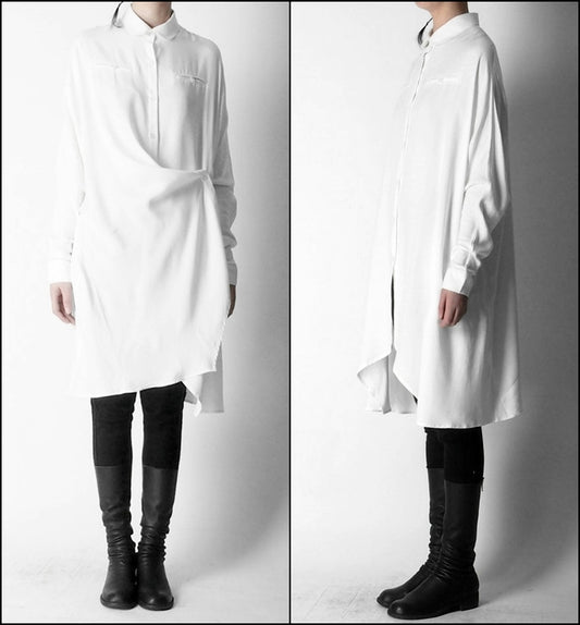 Crepe Tunic Dress Long Sleeve Loose Waist /Irregular Split Shirt - Ofelya Boutique