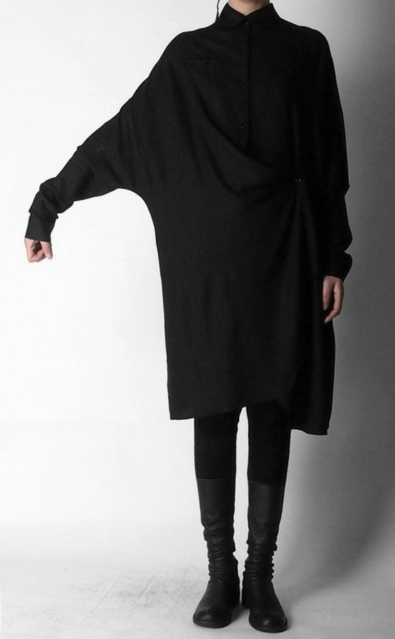 Crepe Tunic Dress Long Sleeve Loose Waist /Irregular Split Shirt - Ofelya Boutique