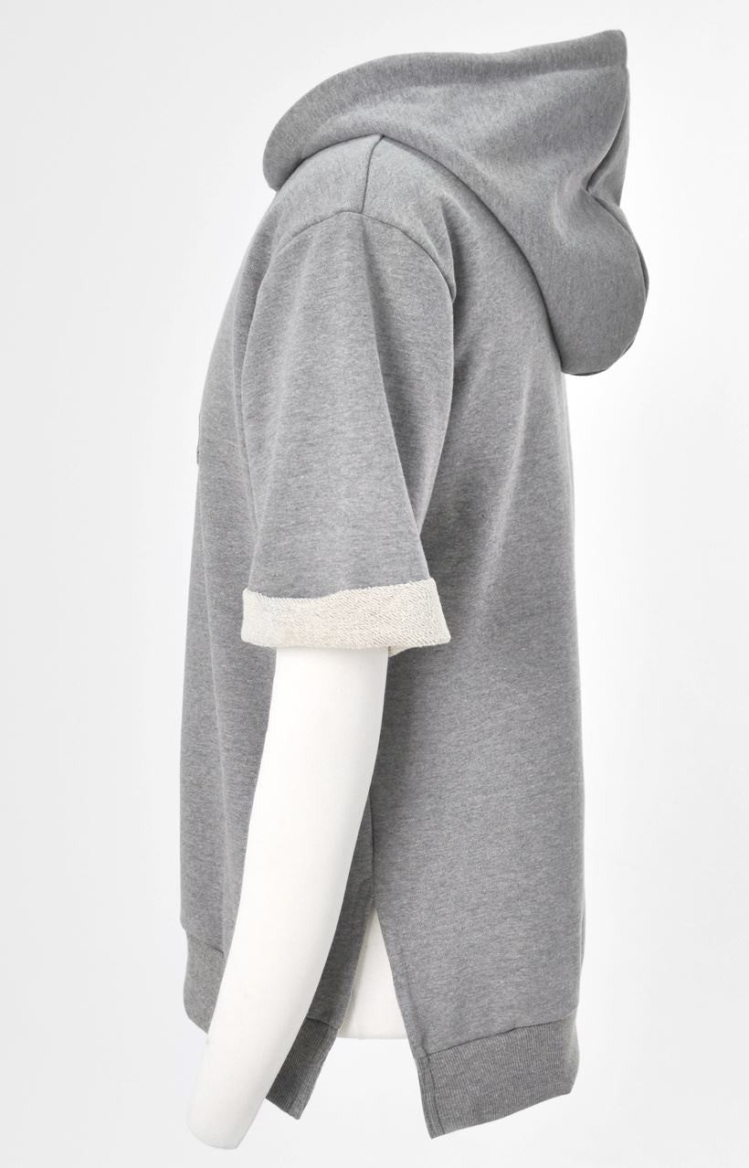 KW Side Slit Short Sleeve Essential Hooded Sweatshirt / Unsewn Cuffs - Ofelya Boutique