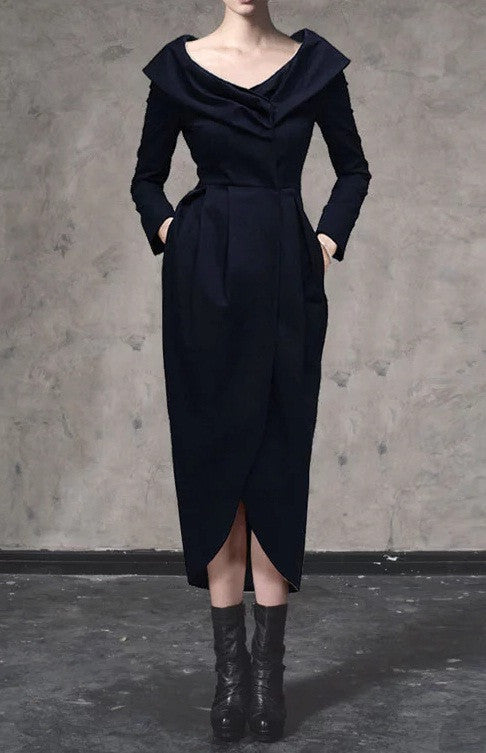 Women Draped Pleating Asymmetric Hem Woolen Dress Jacket - Ofelya Boutique