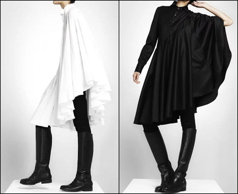 Bat Sleeve Loose Fit Cape-Style Blouse Shirt Asymmetrical pleated Skirt Dress Tunic - Ofelya Boutique