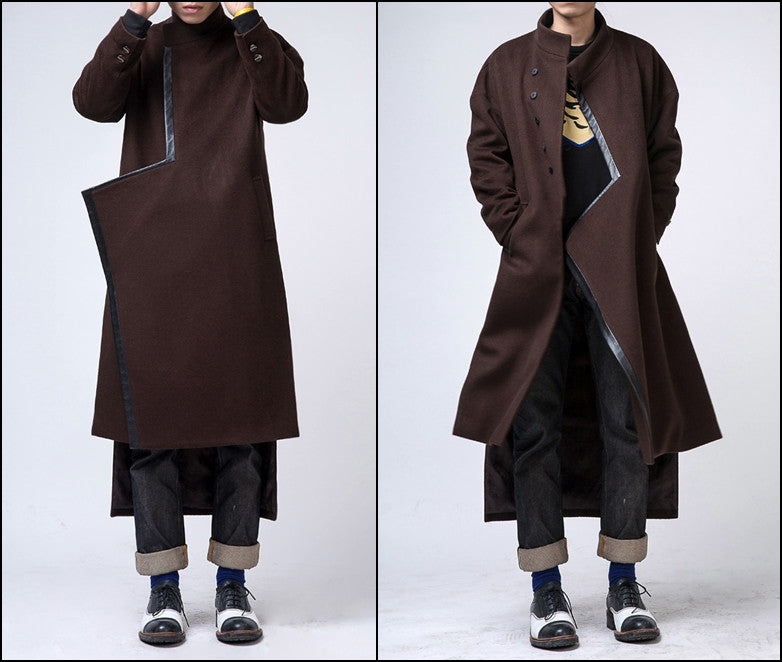 Oversized Wool Long Jacket / Leather Trimed Extravagant Coat - Ofelya Boutique