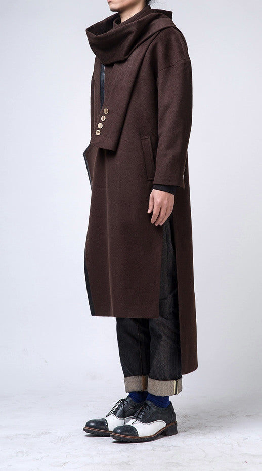Oversized Wool Long Jacket / Leather Trimed Extravagant Coat - Ofelya Boutique