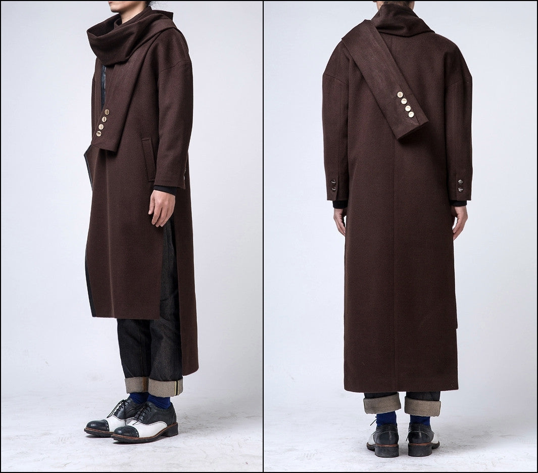 Oversized Wool Long Jacket / Leather Trimed Extravagant Coat - Ofelya Boutique