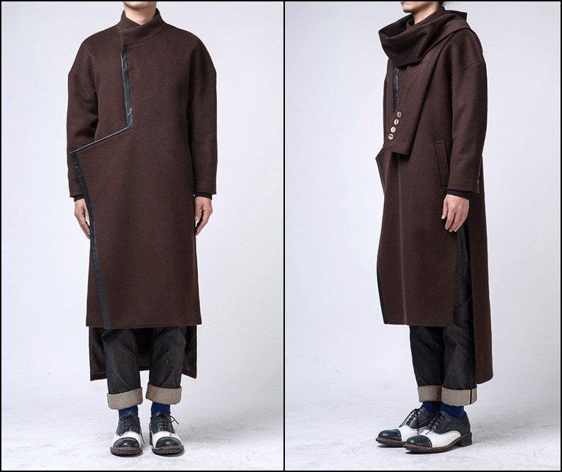 Oversized Wool Long Jacket / Leather Trimed Extravagant Coat - Ofelya Boutique