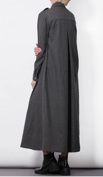 Woolblend Front Button Closure Floor Long Military Style Dress - Ofelya Boutique