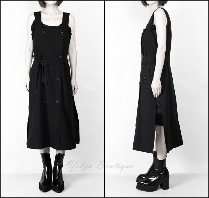 Relaxed-fit Stretcy Cotton Dark Black Contour of the Top Long Strap Dress Tunic - Ofelya Boutique