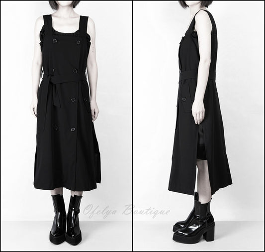 Relaxed-fit Stretcy Cotton Dark Black Contour of the Top Long Strap Dress Tunic - Ofelya Boutique