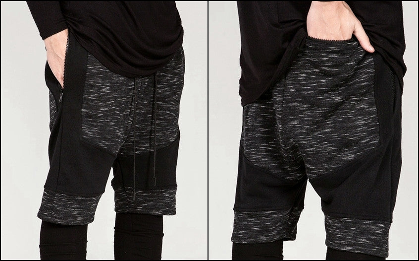 Dark Biker Black Panelling Shadow Shorts with a Drop Crotch and Tapered Leg - Ofelya Boutique
