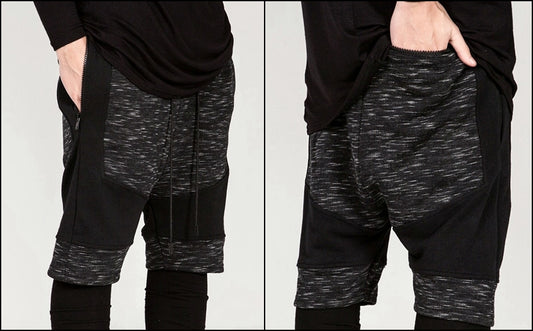 Dark Biker Black Panelling Shadow Shorts with a Drop Crotch and Tapered Leg - Ofelya Boutique