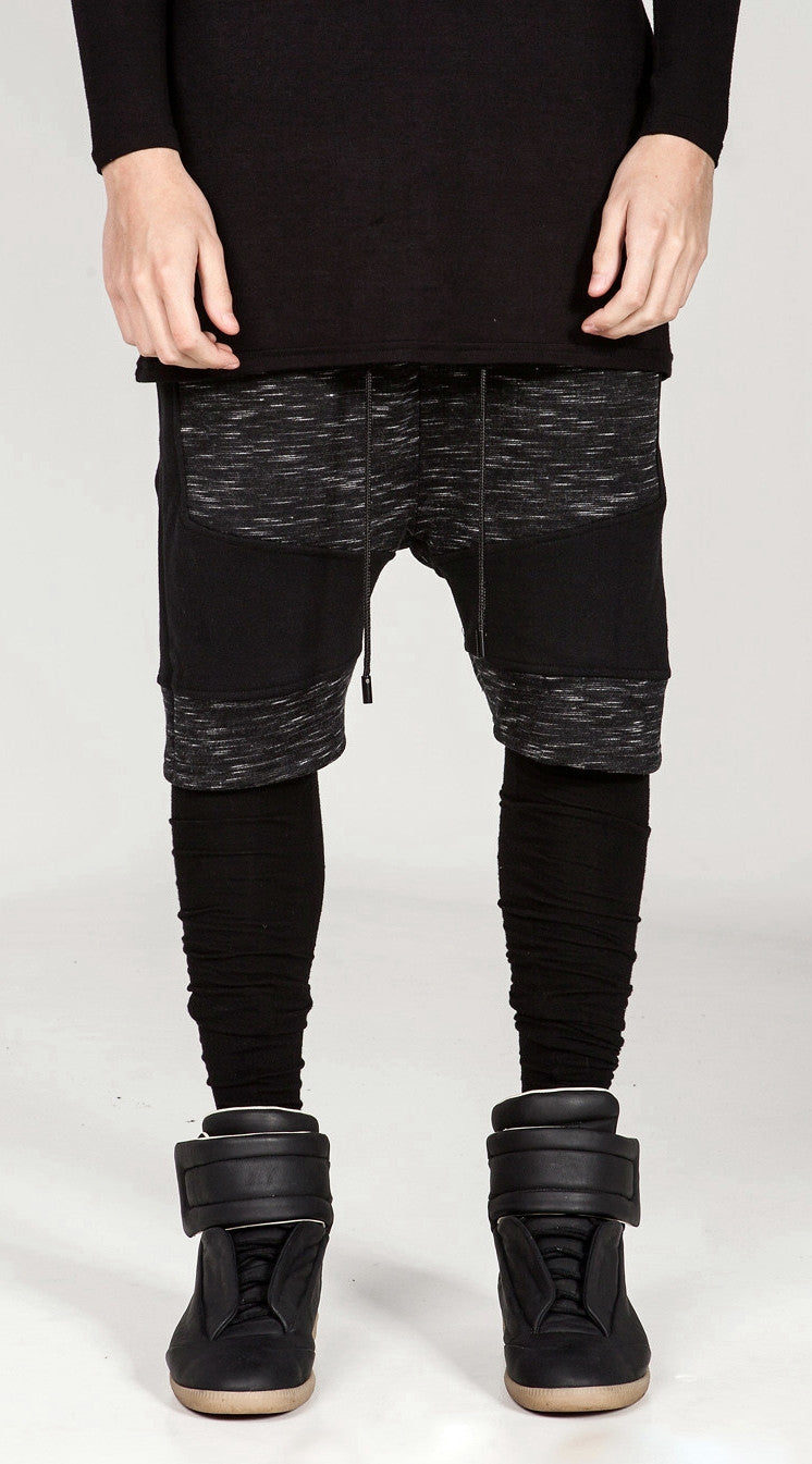 Dark Biker Black Panelling Shadow Shorts with a Drop Crotch and Tapered Leg - Ofelya Boutique