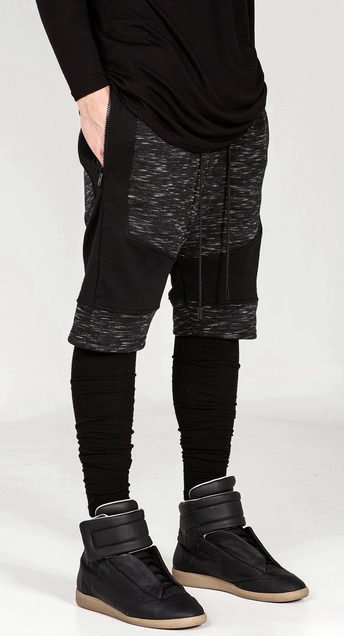 Dark Biker Black Panelling Shadow Shorts with a Drop Crotch and Tapered Leg - Ofelya Boutique