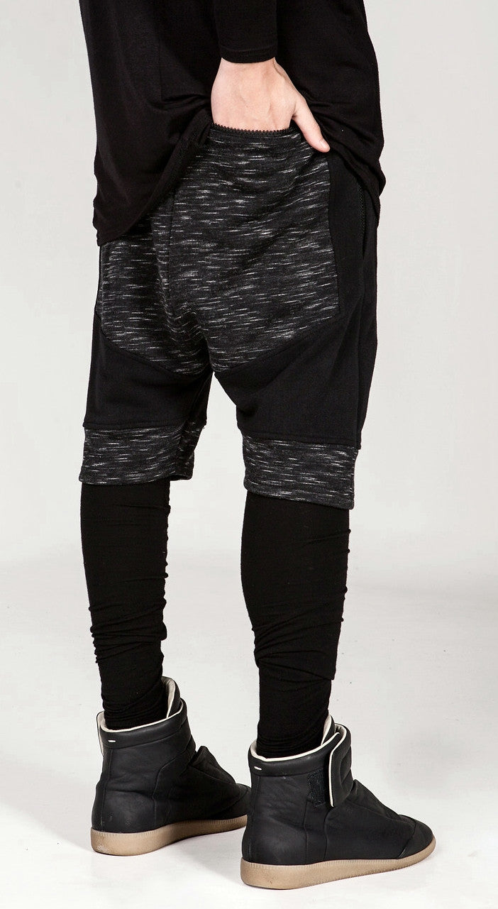 Dark Biker Black Panelling Shadow Shorts with a Drop Crotch and Tapered Leg - Ofelya Boutique