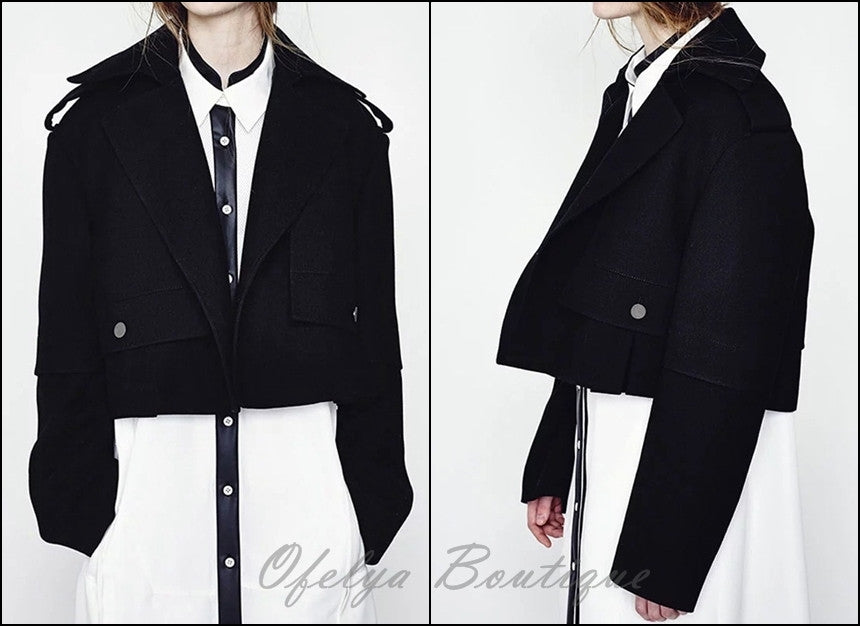 Winter Short Black Woolen Coat // Wool Long-Loose made oversized Sleeved Jacket Details - Ofelya Boutique