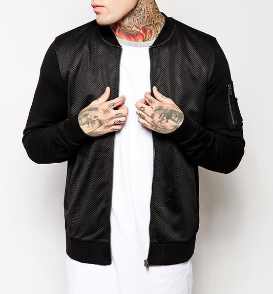 Mens Black Mesh Bomber Jacket  with Jersey Hoodie - Ofelya Boutique