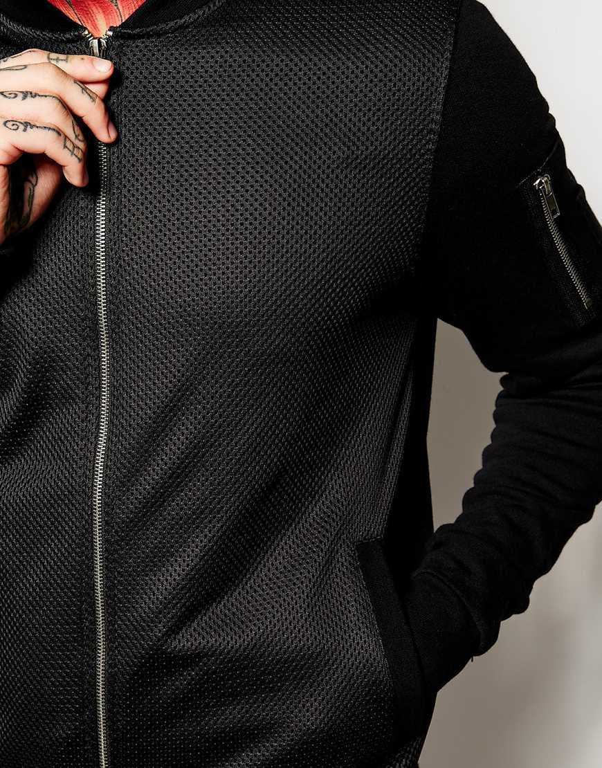 Mens Black Mesh Bomber Jacket  with Jersey Hoodie - Ofelya Boutique