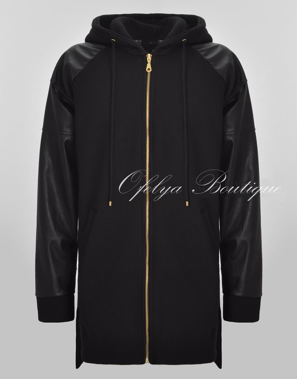 Dark Faux Leather Sleeve Extended Cotton Full Front Zip Jersey Fleece Hooded Hoodie - Ofelya Boutique