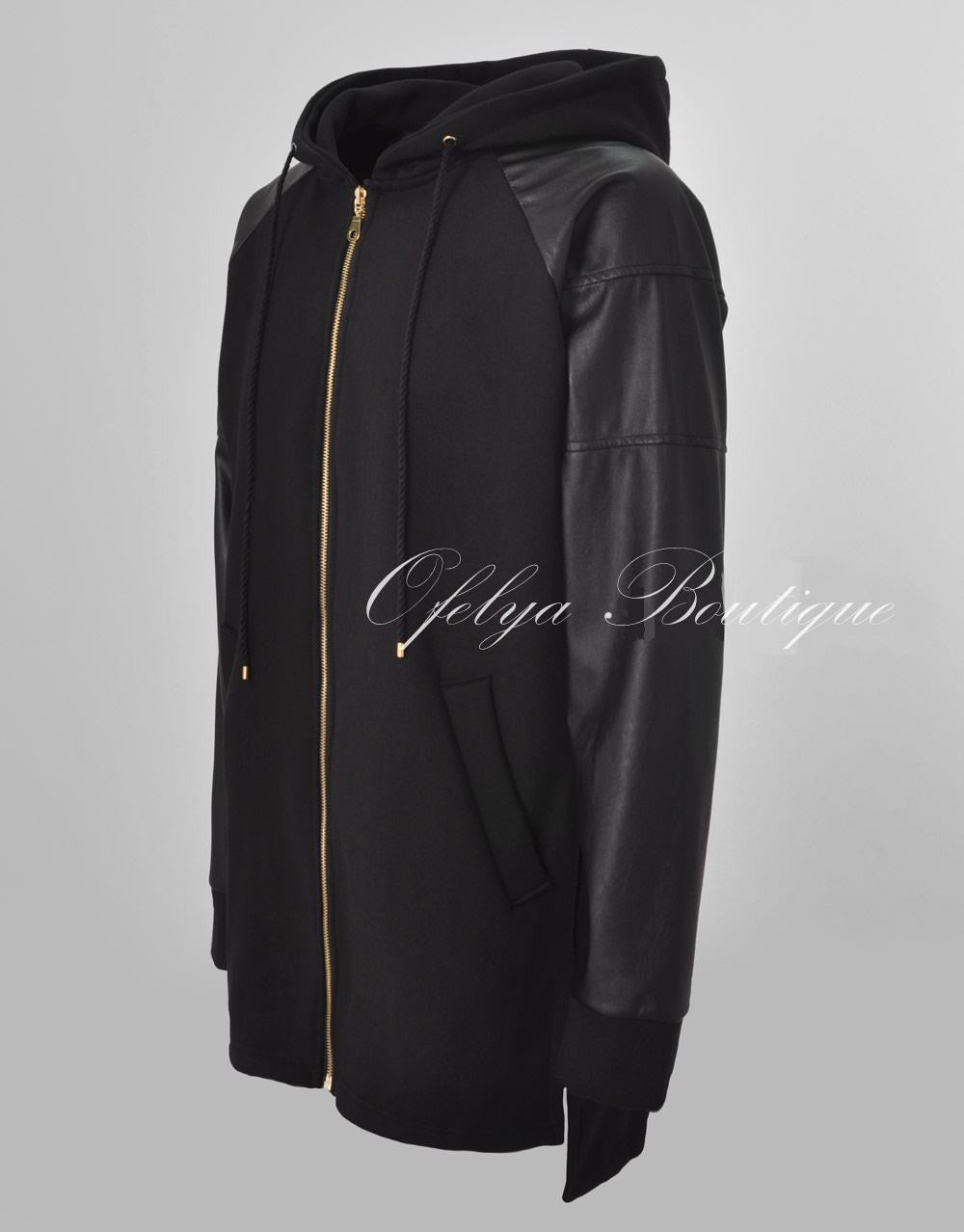 Dark Faux Leather Sleeve Extended Cotton Full Front Zip Jersey Fleece Hooded Hoodie - Ofelya Boutique