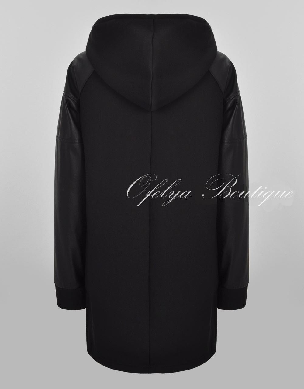 Dark Faux Leather Sleeve Extended Cotton Full Front Zip Jersey Fleece Hooded Hoodie - Ofelya Boutique