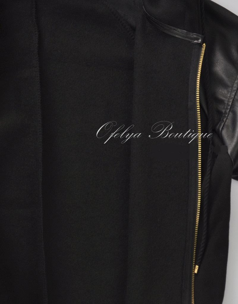 Dark Faux Leather Sleeve Extended Cotton Full Front Zip Jersey Fleece Hooded Hoodie - Ofelya Boutique