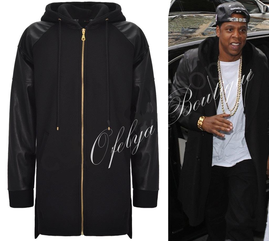 Dark Faux Leather Sleeve Extended Cotton Full Front Zip Jersey Fleece Hooded Hoodie - Ofelya Boutique