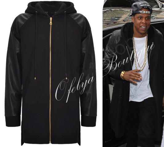 Dark Faux Leather Sleeve Extended Cotton Full Front Zip Jersey Fleece Hooded Hoodie - Ofelya Boutique