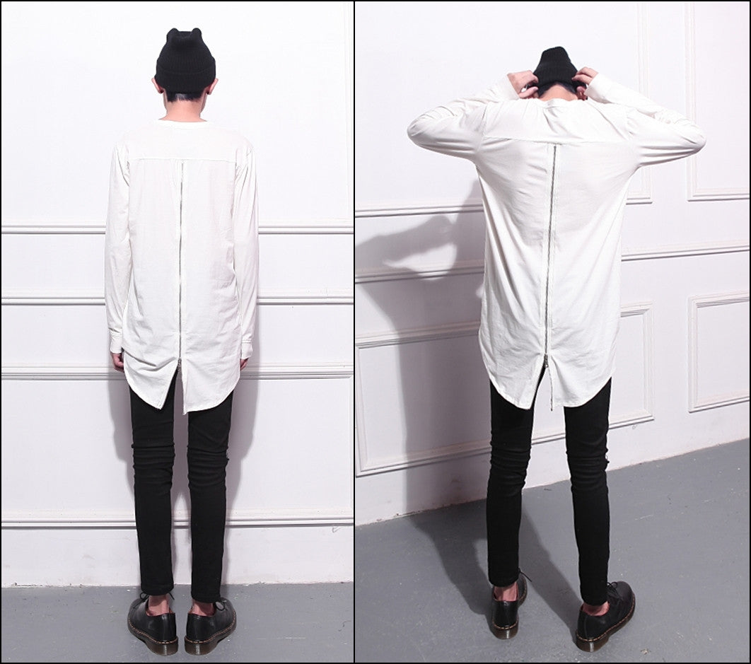 Mens Lengthen Extended Back Full Zipper Design Long Sleeve Tops Tee - Ofelya Boutique