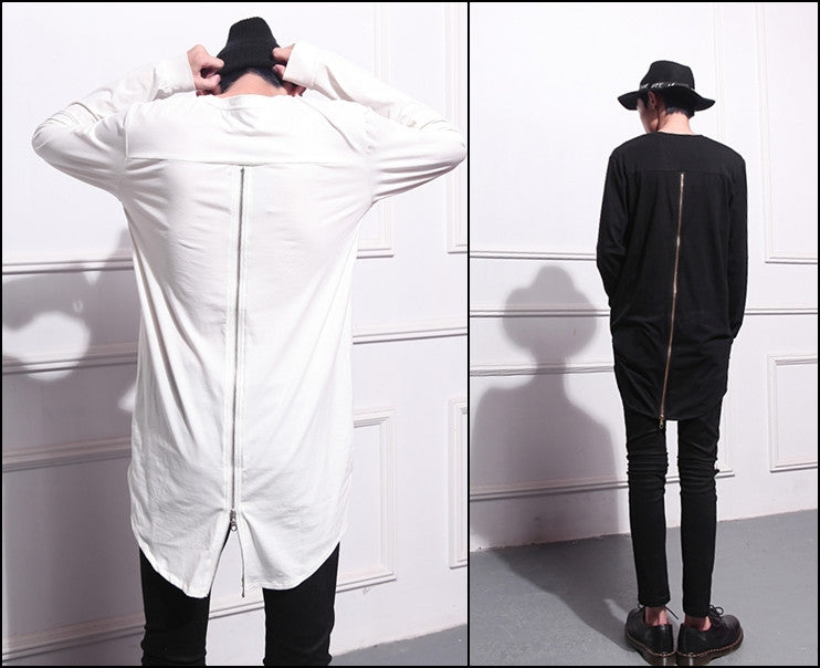 Mens Lengthen Extended Back Full Zipper Design Long Sleeve Tops Tee - Ofelya Boutique