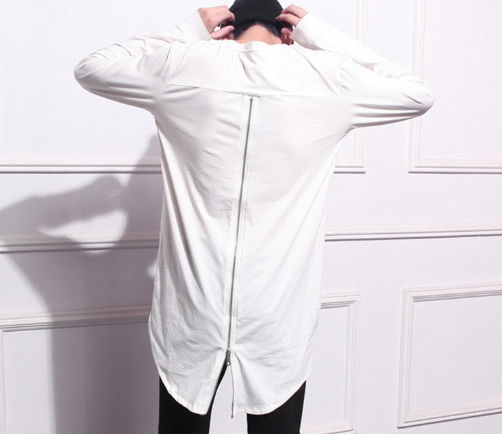 Mens Lengthen Extended Back Full Zipper Design Long Sleeve Tops Tee - Ofelya Boutique