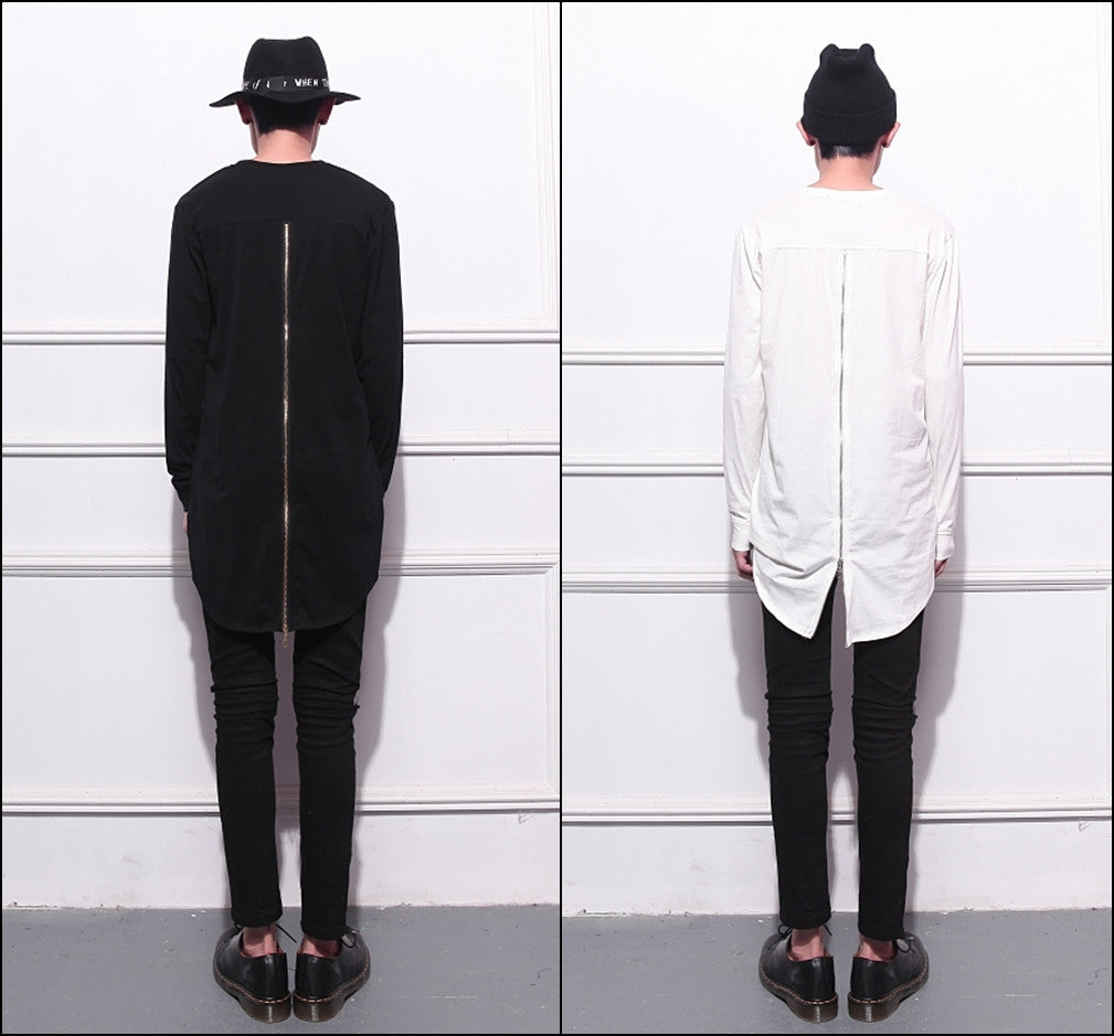 Mens Lengthen Extended Back Full Zipper Design Long Sleeve Tops Tee - Ofelya Boutique