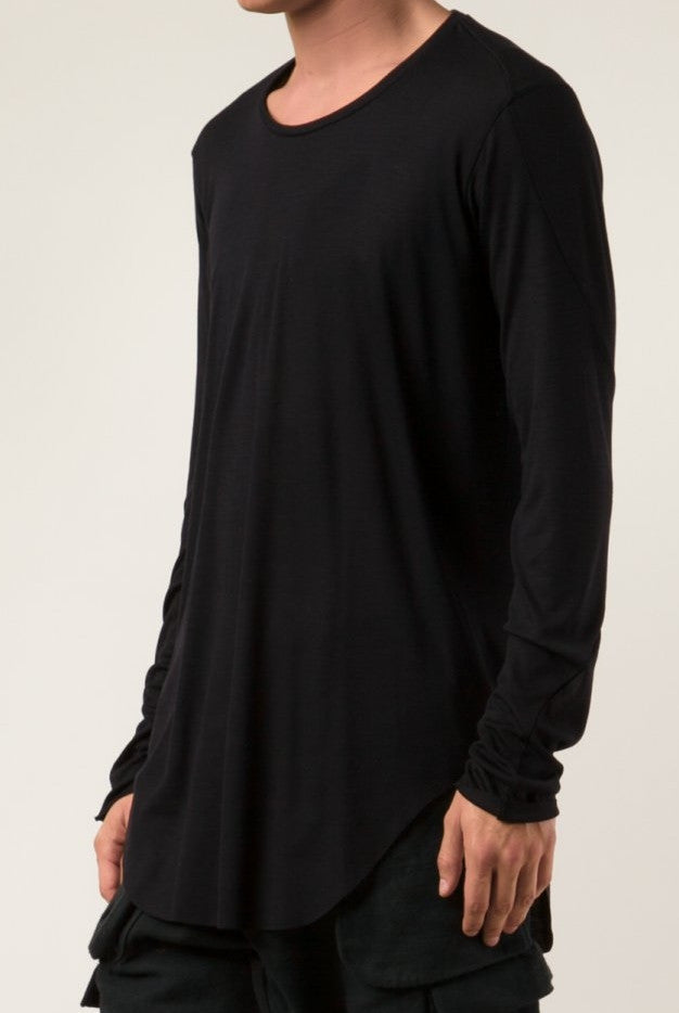Long Sleeve Elongated Torso Central Back Seam Scooped Hem Overlong Tee - Ofelya Boutique