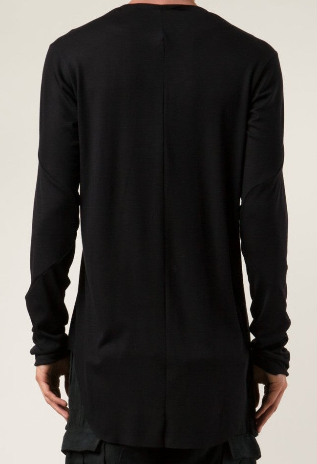 Long Sleeve Elongated Torso Central Back Seam Scooped Hem Overlong Tee - Ofelya Boutique