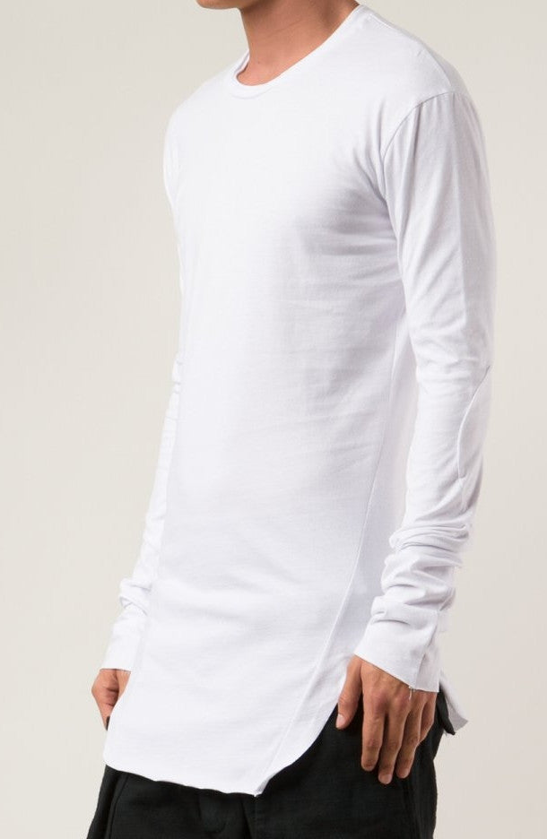 Long Sleeve Elongated Torso Central Back Seam Scooped Hem Overlong Tee - Ofelya Boutique