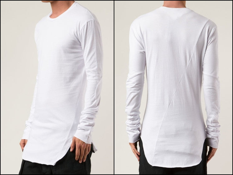 Long Sleeve Elongated Torso Central Back Seam Scooped Hem Overlong Tee - Ofelya Boutique