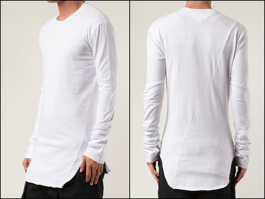 Long Sleeve Elongated Torso Central Back Seam Scooped Hem Overlong Tee - Ofelya Boutique