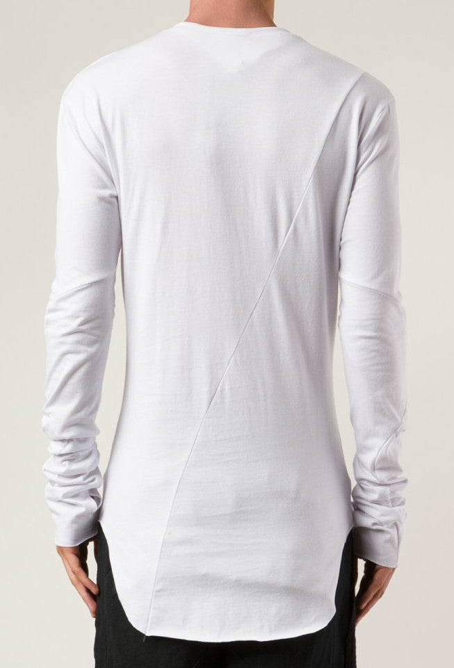 Long Sleeve Elongated Torso Central Back Seam Scooped Hem Overlong Tee - Ofelya Boutique