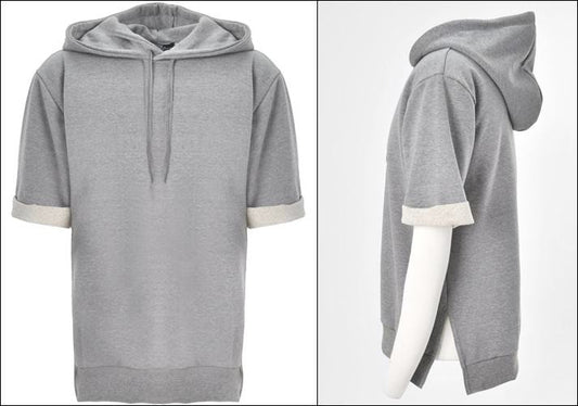 KW Side Slit Short Sleeve Essential Hooded Sweatshirt / Unsewn Cuffs - Ofelya Boutique
