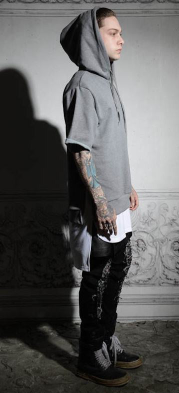 KW Side Slit Short Sleeve Essential Hooded Sweatshirt / Unsewn Cuffs - Ofelya Boutique