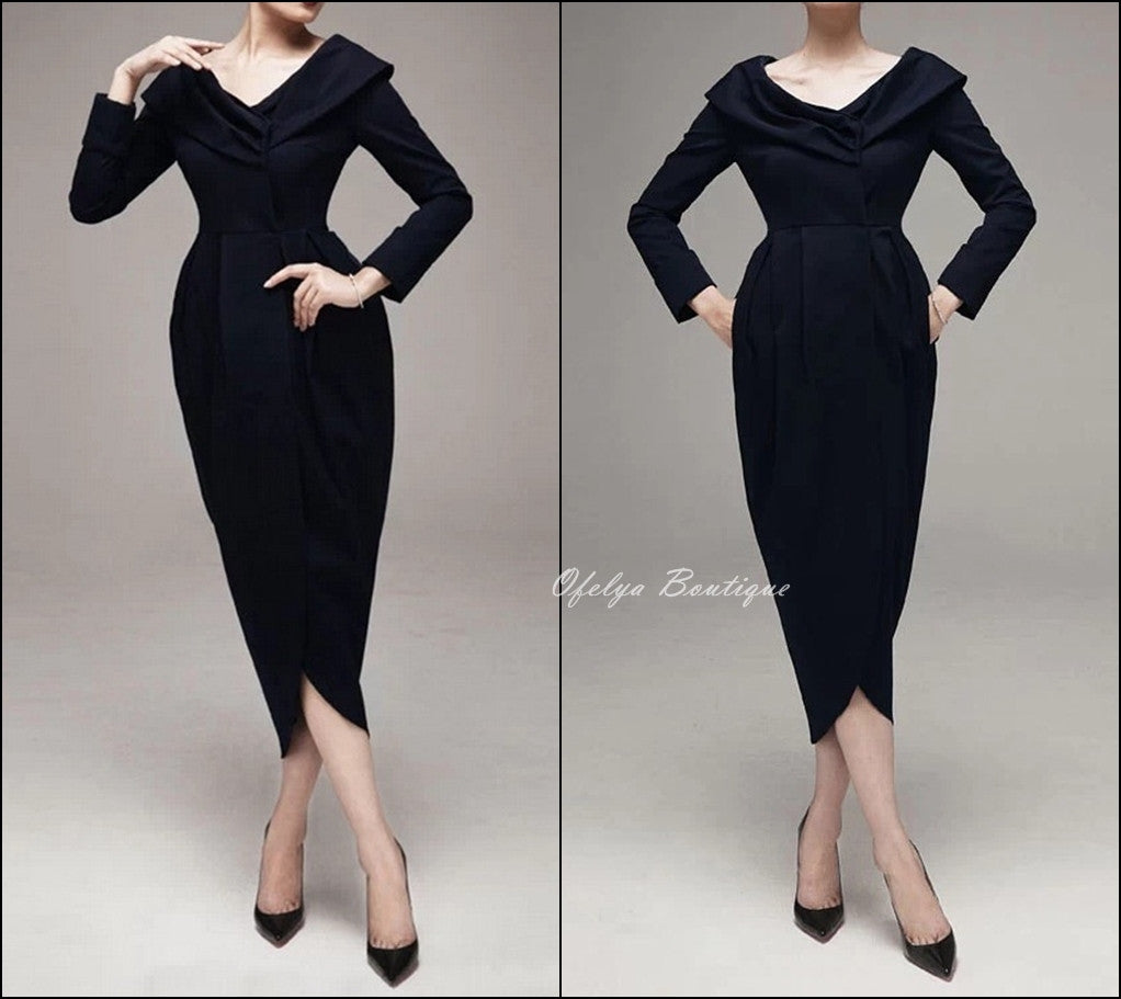 Women Draped Pleating Asymmetric Hem Woolen Dress Jacket - Ofelya Boutique