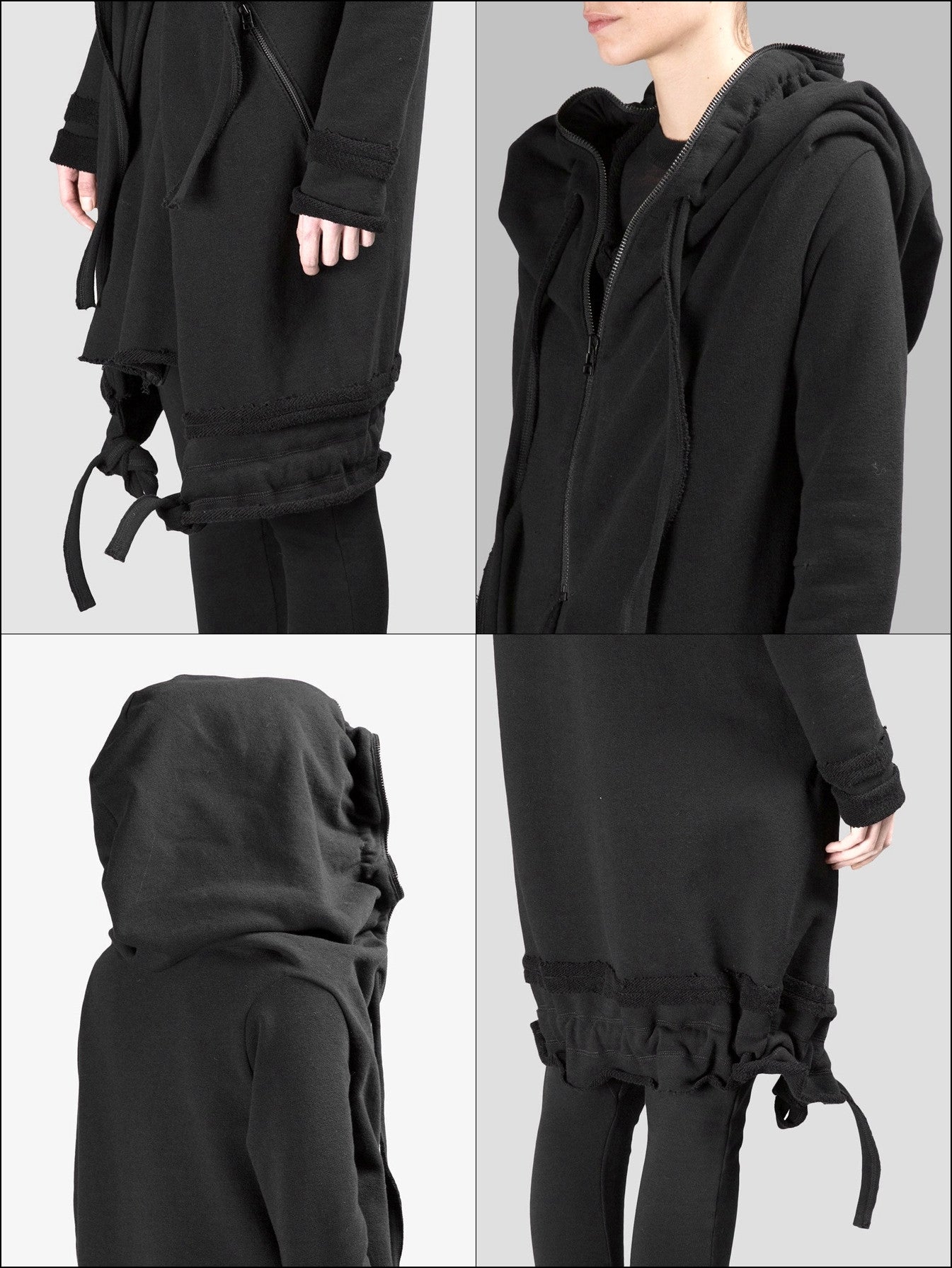 Women Asymmetric Raw Cut Seam Detail Sweaters Hoodie Zipped Side Pockets - Ofelya Boutique