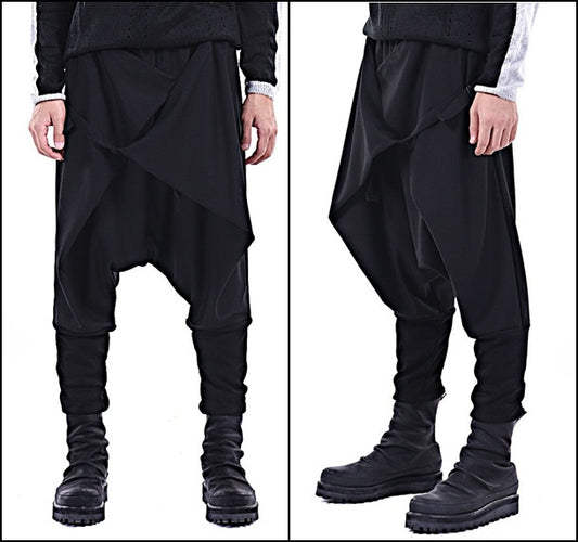 Men Casual Drop Crotch Wrap Harem Ninja Pants // Wrap Skirt Layered Joggers - Ofelya Boutique